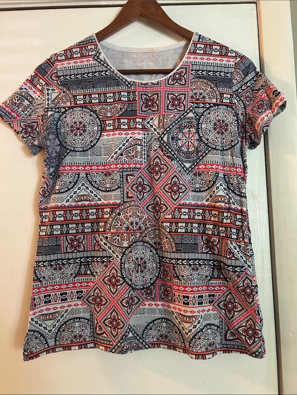 Kim Rogers Short Sleeve Geometric & Medallion Print Top - pink, navy, white. S
